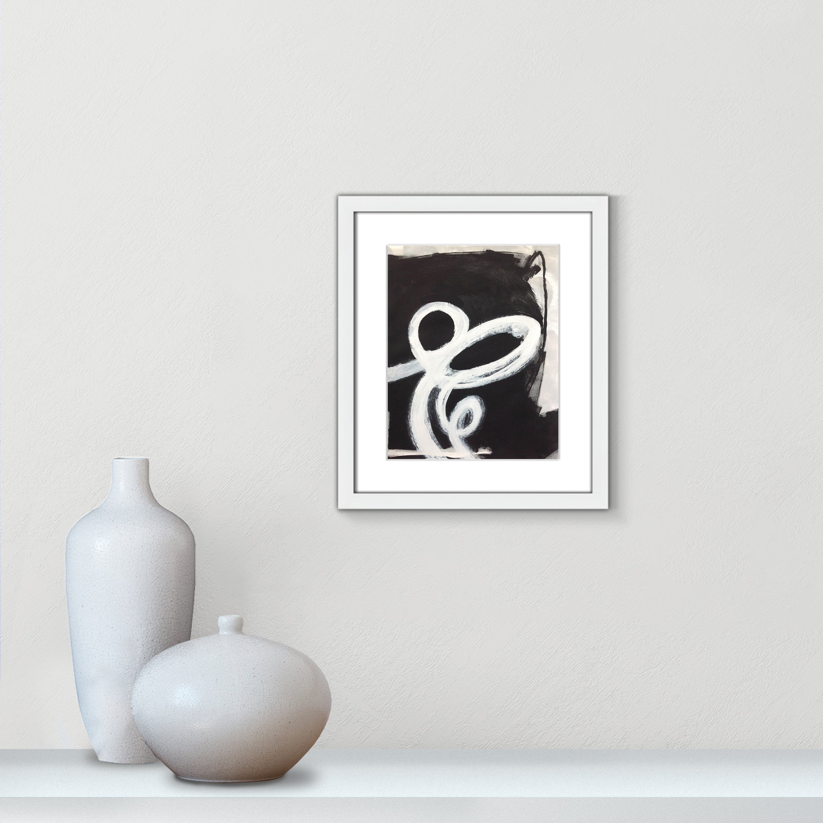 White Swirly Swirls 2, 15" H x 13" W x 1.25" D, White Matted Picture Framed