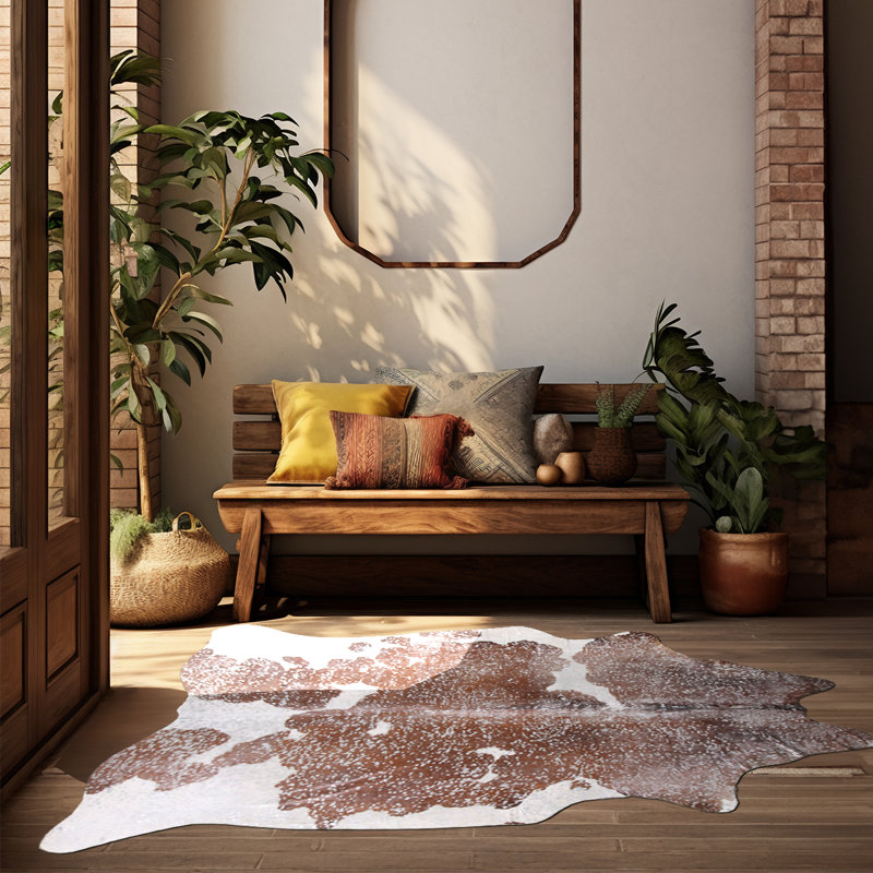 Tapis en cuir de vache brun et blanc personnalisé argent métallique, Nouveauté 5 pi 8 po x 6 pi 7 po