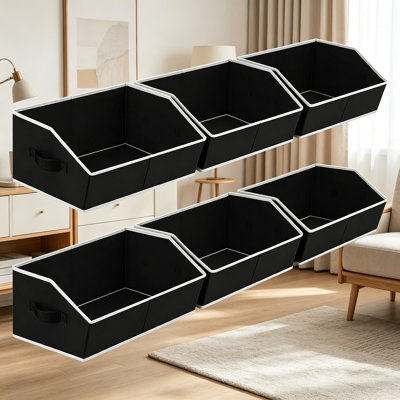 Ensemble de 6 bacs de rangement trapézoïdaux, organisateurs de placard empilables et paniers de rangement décoratifs avec poignées, grands bacs en tissu non tissé pour tablettes, rangement, noir
