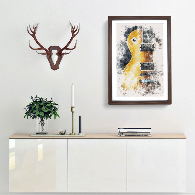 Aged Electric Guitar Watercolour - Picture Frame Graphic Art, 63cm H x 45cm W x 2cm D, Walnut Framed