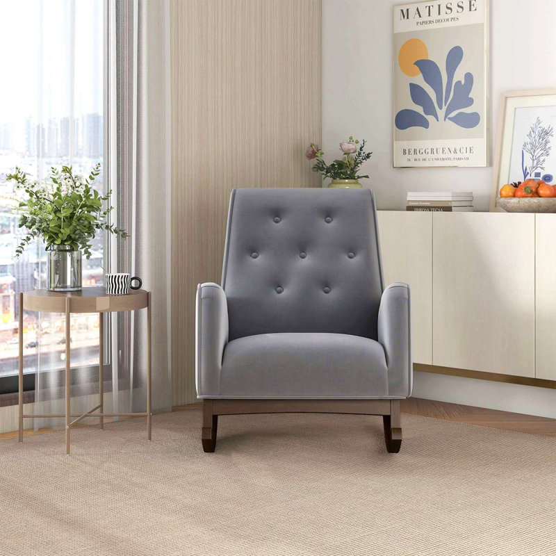 Chaise berçante en tissu et bois massif, Gris clair