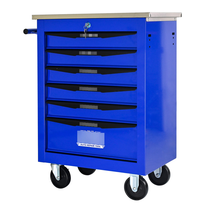 Chariot à outils 6 tiroirs pour garage, chariot à roulettes en métal avec roues, noir et bleu, verrouillage par clé