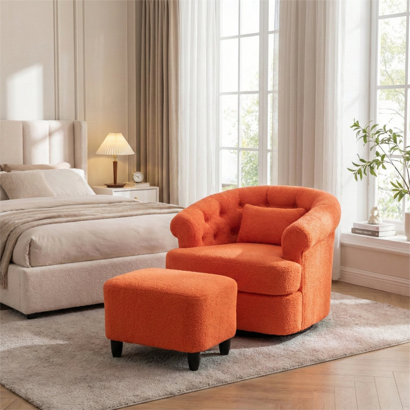 Swivel Barrel Accent Chair With Ottoman Bouclé Upholstery Modern Lounge Set, Orange