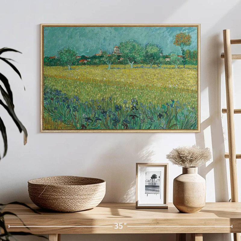 Champ avec des fleurs près d'Arles, 25 po x 17 po, Cadre flottant en bois naturel