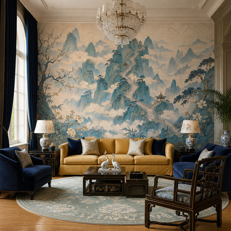 Papier peint paysage chinois Misty, 200"x120", Non tissé