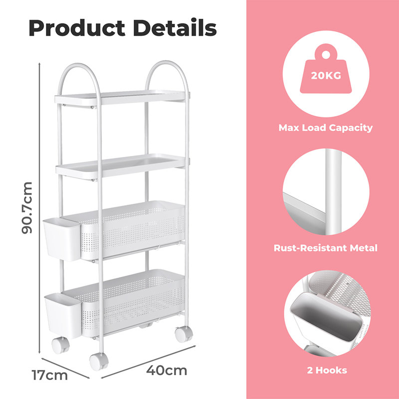 90.7cm H x 17cm W Cart with Wheels, White