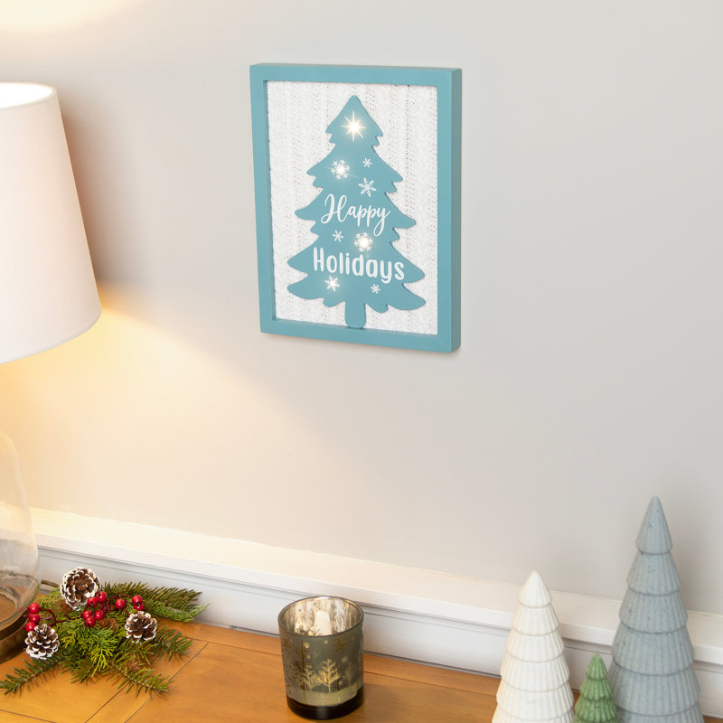 Lighted Happy Holidays Christmas Tree With Cable Knit Texture Wall Art - 12"