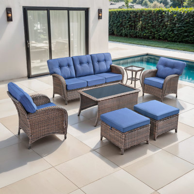 Agnes 7 Piece Rattan Outdoor T-Back Cushions Conversation Set Group With Ottomans