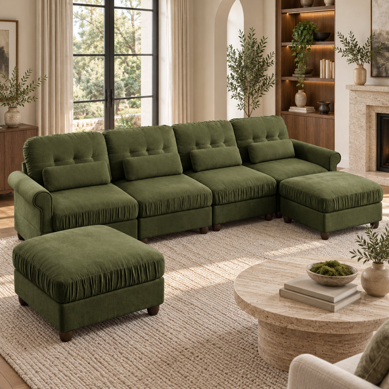 Canapé d'angle modulaire Rovesselle 4 places en chenille de 126,7 pouces de large, en forme de U, avec 2 poufs amovibles, coussins à volants et coussins lombaires