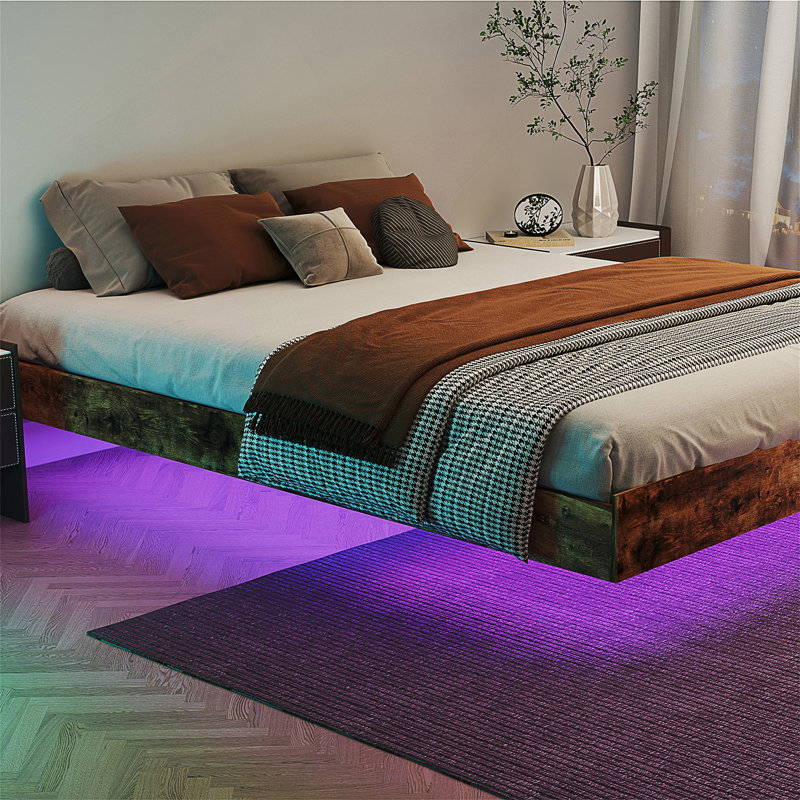 Queen Size Floating Bed Frame With LED Lights, Heavy Duty Metal Platform, Queen