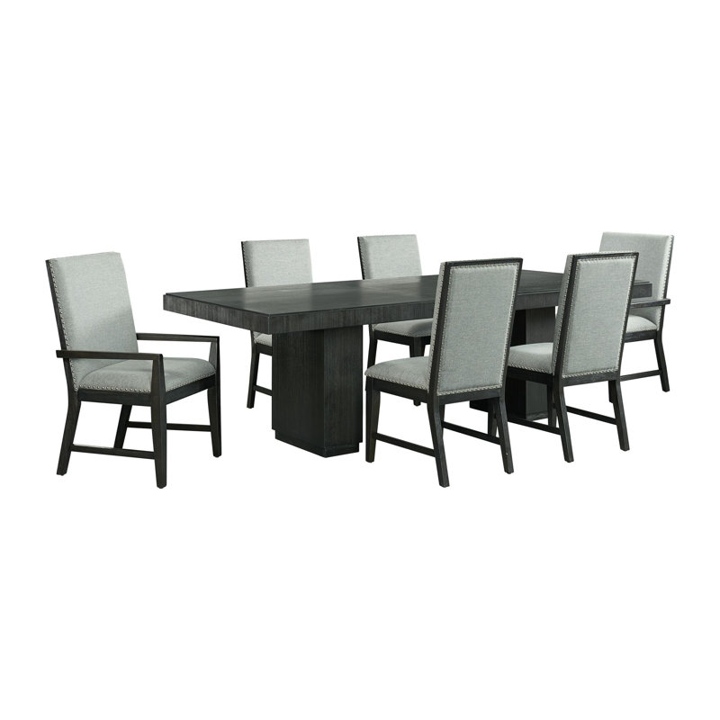 Ensemble de table de salle à manger à hauteur standard 7 pièces Grimaldo, quatre chaises d'appoint et deux fauteuils gris