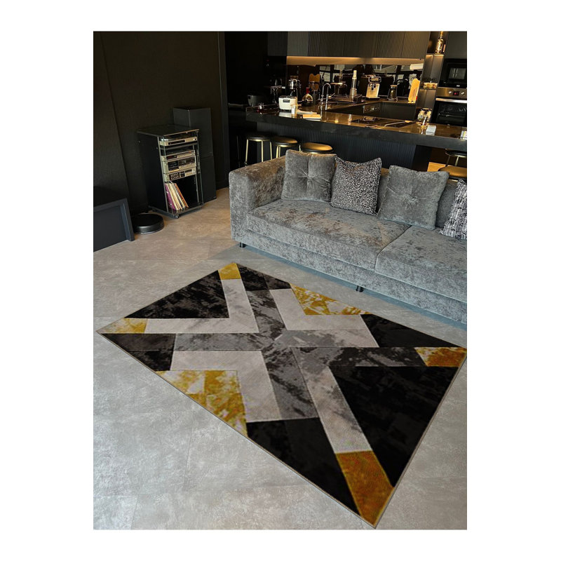 Tapis jaune à motif géométrique jaune, Sous-tapis rectangulaire de 3 pi 3 po x 4 pi 11 po