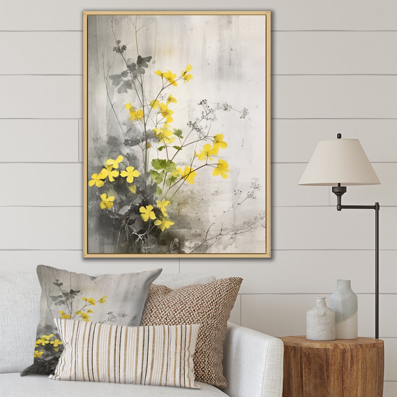 Jardin aux herbes jaune et gris, Cadre naturel flottant, H 40 po x l 30 po x P 1,5 po