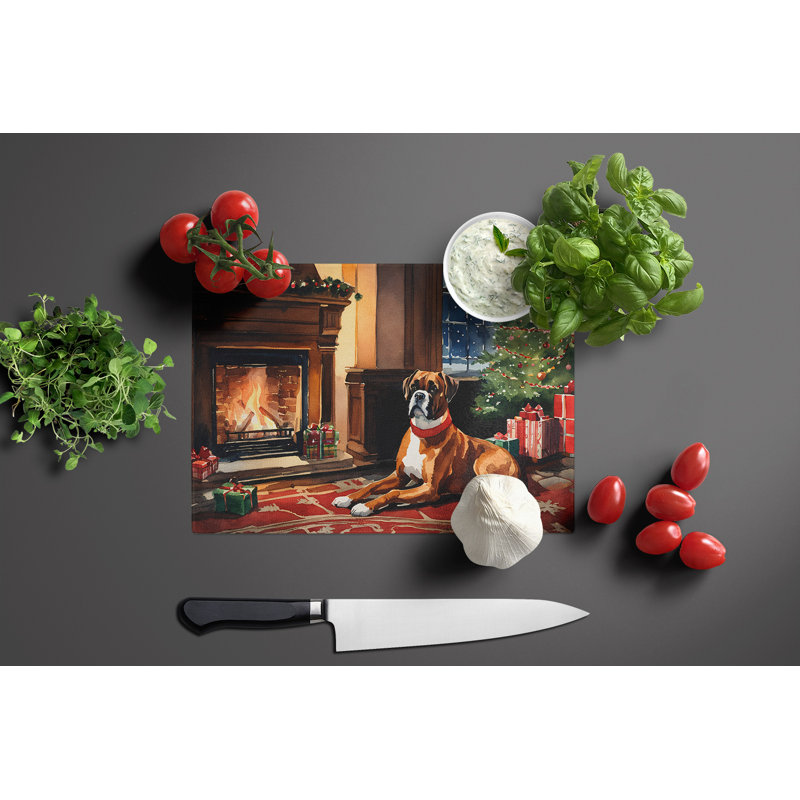 Boxer Cozy Christmas Glass Cutting Board Large