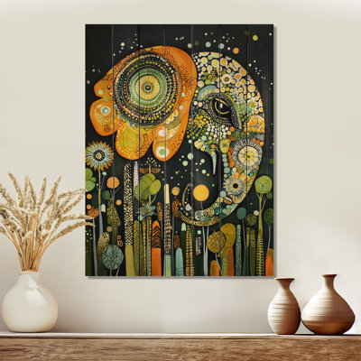 Boho Elephant Collage Portrait I - Modern Orange Wood Print On Natural Pine Wood