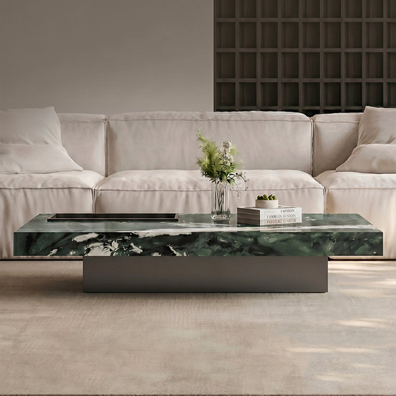 Luxury-lite rectangular marble coffee table, 11.8" H x 63" W x 35.4" D