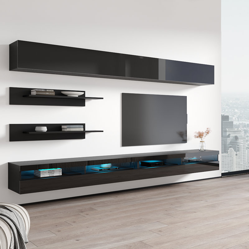 Bellago 126" Modern Floating Wall Mounted Entertainment Center with 16-Color LED Lighting, High Gloss Finish, Black