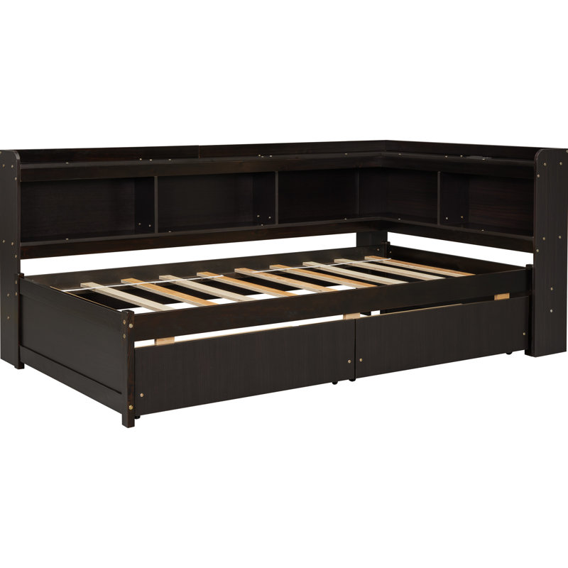 Twin Size Bed With L-Shaped Bookcases, Power Outlets, 2 Drawers, Solid Pine Bookcases In , & Power, Long-Lasting Build