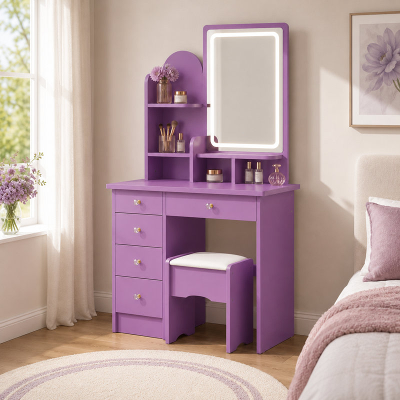 Bureau de coiffeuse mauve avec miroir lumineux, 5 tiroirs et tablettes de rangement, lumières DEL 3 couleurs, coiffeuse de chambre à coucher