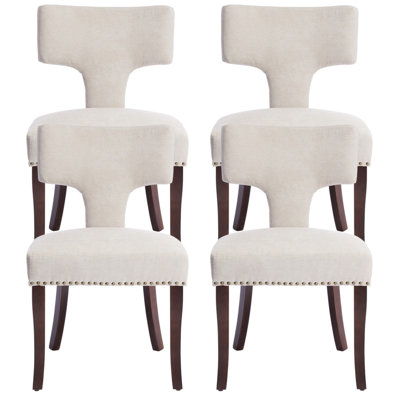 Mid Century Modern Dining Chairs Set Of 2, Farmhouse Linen Fabric Upholstered Accent Chair Curved Backrest With Copper Nails Around,Kitchen Chairs With Hardwood Frame