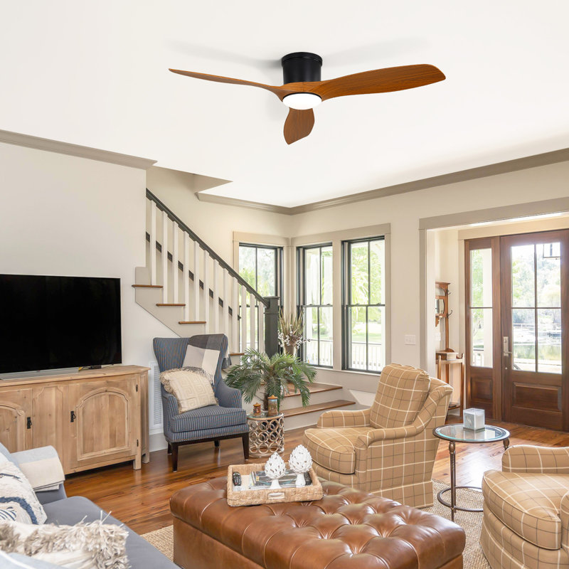 Shandi 52" 3 Blades Modern Intelligence flush mount ceiling fan with LED Lights,Remote Control, Black with Brown Balde