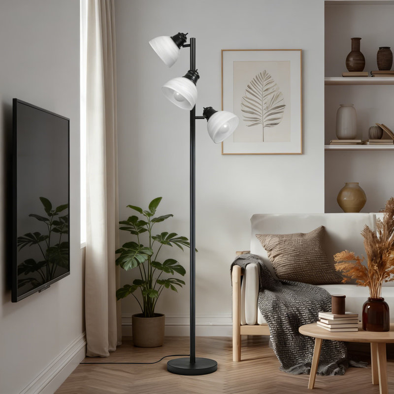 Lampe sur pied réglable à 3 têtes avec abat-jour en verre et base lestée, comprenant des ampoules DEL 3 x 9 W pour le salon, la chambre à coucher, le bureau et l'éclairage ambiant