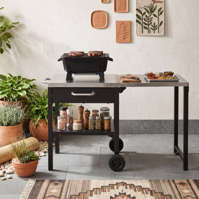 Chariot de cuisine pliable pour l'extérieur avec roulettes, tiroir et tablette inférieure