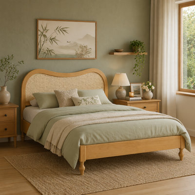 Mid-Century Platform Bed Frame with Curved Rattan Cane Headboard