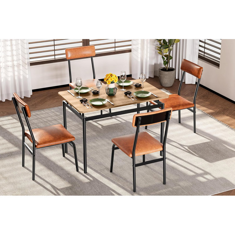 5-Piece Dining Table Set for 4, Wood & Metal Kitchen Dinner Table Set with 4 Upholstered Chairs, Modern Design and Space-Saving, for Dining Room, Apartment, Easy to Assemble, Brown