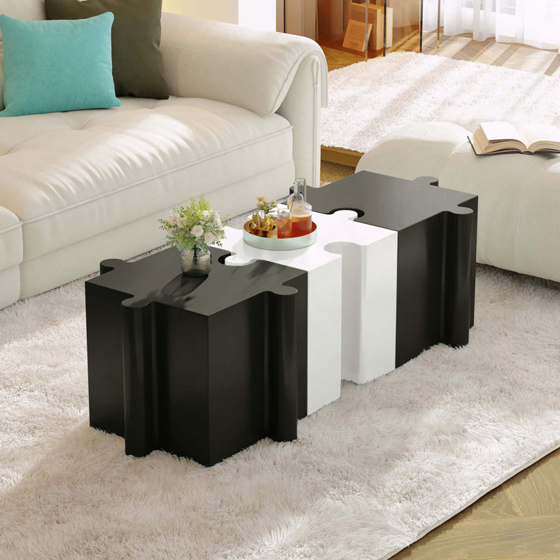 3-Piece Modular Interlocking Mgo Puzzle Table Set, Black/White
