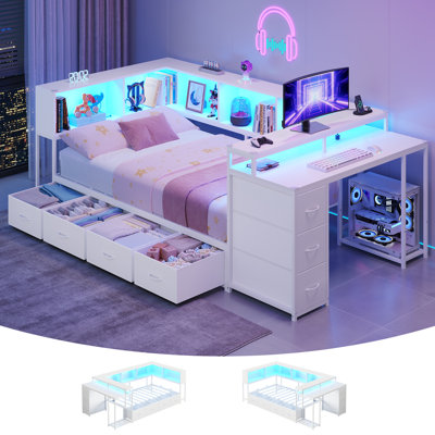 Twin Corner Daybed Frame with Storage, Computer Desk and Raised Monitor Stand, Twin Size Corner Beds with LED Lights, Charging Station, 4 Under-Bed Drawers and 5 Bookcases Storage, Space-Saving Guest Bed for Teens, White