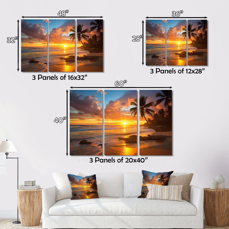Plage, coucher de soleil, sérénade, impression sur toile 3 pièces, H 40 po x l 60 po x P 1 po
