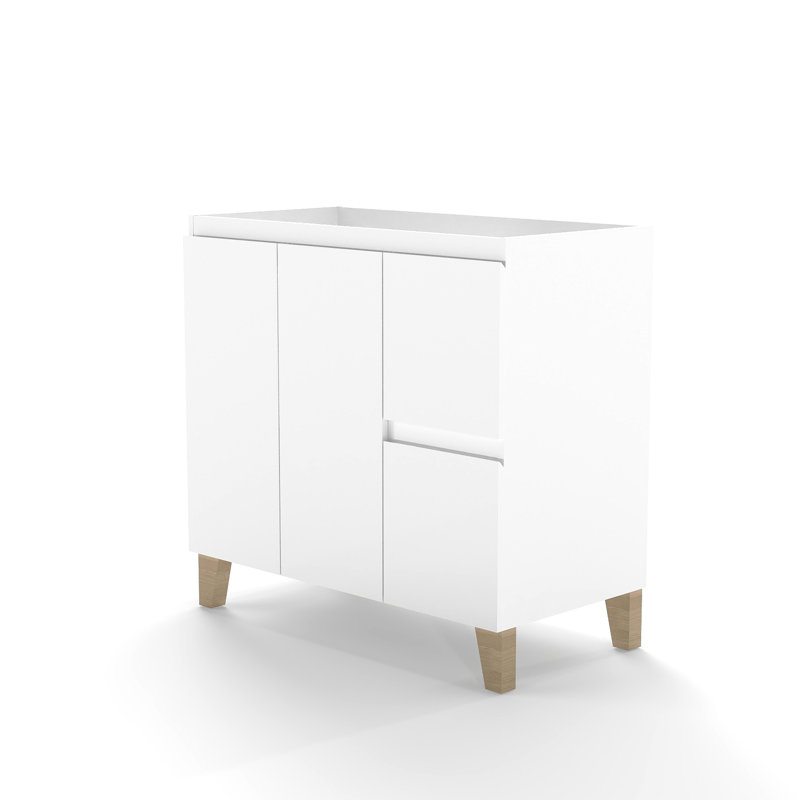 Meuble-lavabo moderne de 36 pouces avec 2 portes et tiroirs, fermeture en douceur, conception à poignée, finition blanche, pieds en bois, ajusté pour meuble-lavabo en céramique, meuble-lavabo à grands tiroirs, naturel