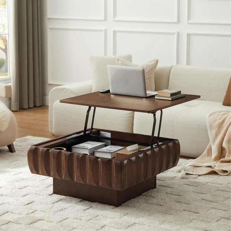 Table basse carrée à plateau relevable avec structure en bois massif et rangement caché, Noyer