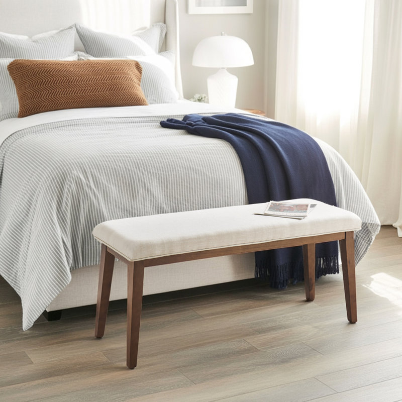 Modern Upholstered Bench For End Of Bed, 42.5" Linen Dining Bench For Bedroom & Entryway, Beige
