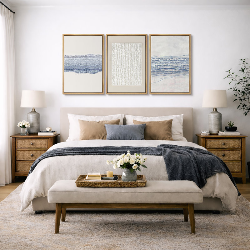 Geometric Line "Grunge Beige Blue Abstract Artwork, Modern Neutral Minimalist Wall Pictures, Large Framed Canvas Giclee Print 3 Pieces Wall Art" 16x24x3 pcs, 24x36x3 pcs