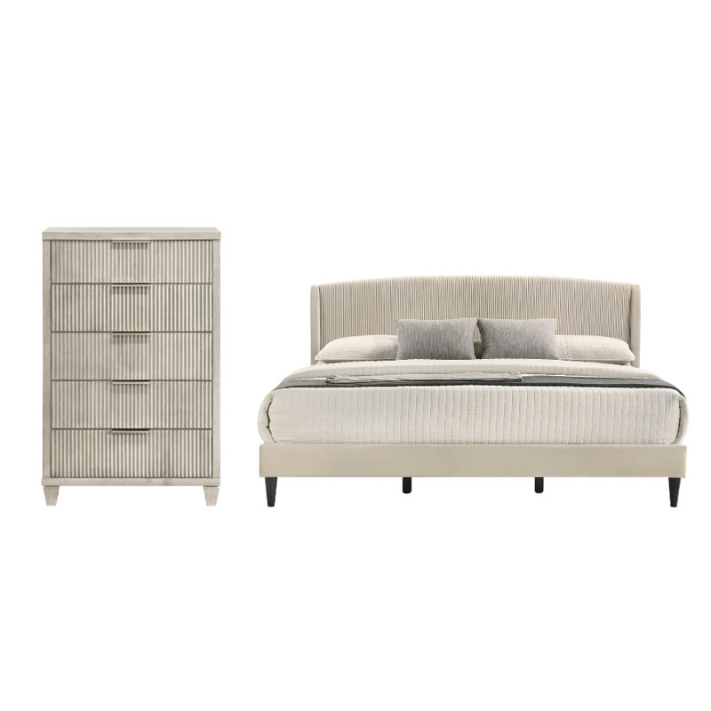 Jolande Contemporary Solid Wood 2 Pieces Bedroom Set, 2 Pcs: Bed, Chest, King