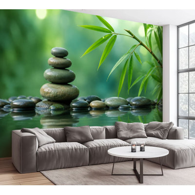 Wall Mural Peel and Stick Wallpaper Zen Stones Stack Bamboo Leaves Calm Water Reflection Tranquil Spa Self-Adhesive Removable Contact Paper Wall Decor for Living Room Bedroom 100"H x 144"W