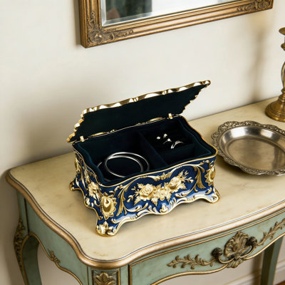 Vintage Jewelry Box With Two Layers, Floral Engravings And Blue Velvet Interior - Ring Earrings Organizer And Keepsake Case For Women, Perfect Gift For Birthday And Home Dresser Decor