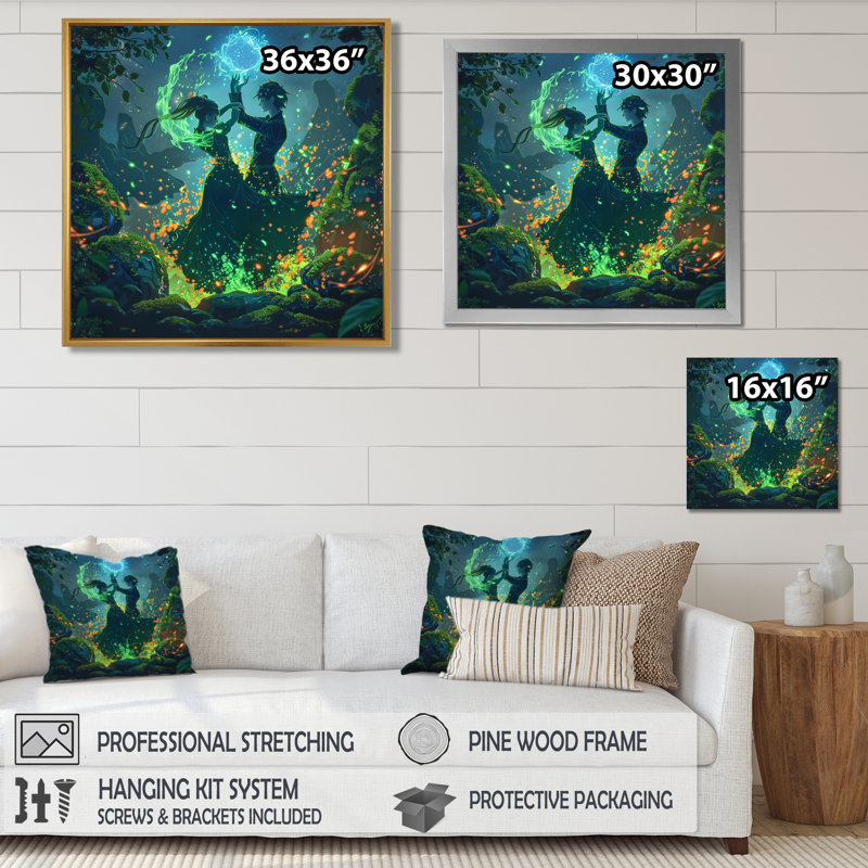 Pleine lune, célébration tribale de la danse dans la forêt magique - danseur, salon d'art mural, H 16 po x l 16 po x P 1 po