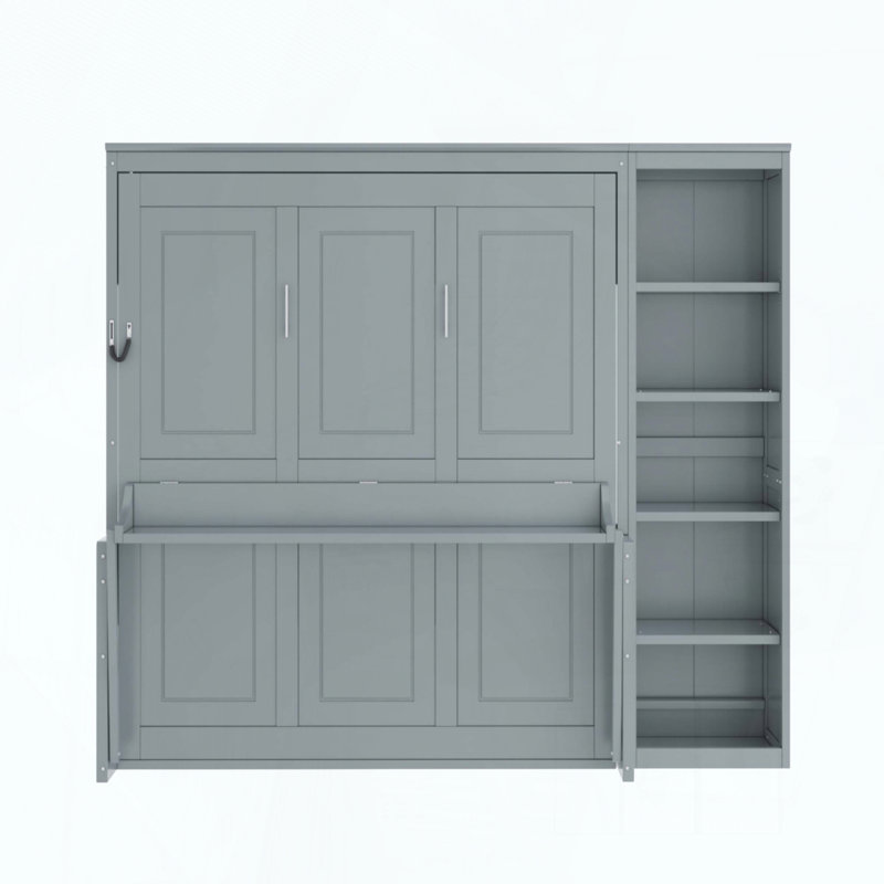 Lit escamotable double avec bureau et tablettes, Gris, Double