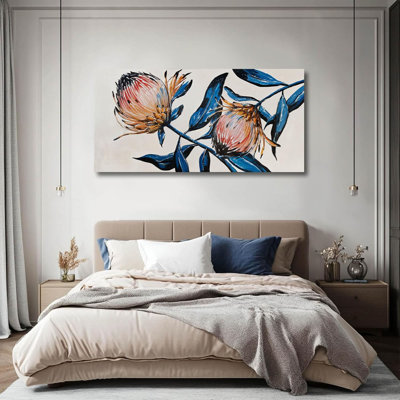 Fleur, toile, peinture murale, botanique, peinture bleue, grande œuvre d'art pour la chambre à coucher, art mural pour le salon, la salle à manger, la cuisine, 24 po x 48 po