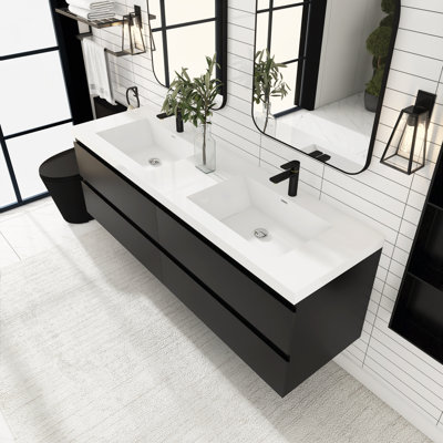 72 Inch Wall-Mounted Bathroom Vanity Set In Black With Integrated White Resin Sink -  Latitude RunÂ®, E975AE440D864413835C2587186A0855