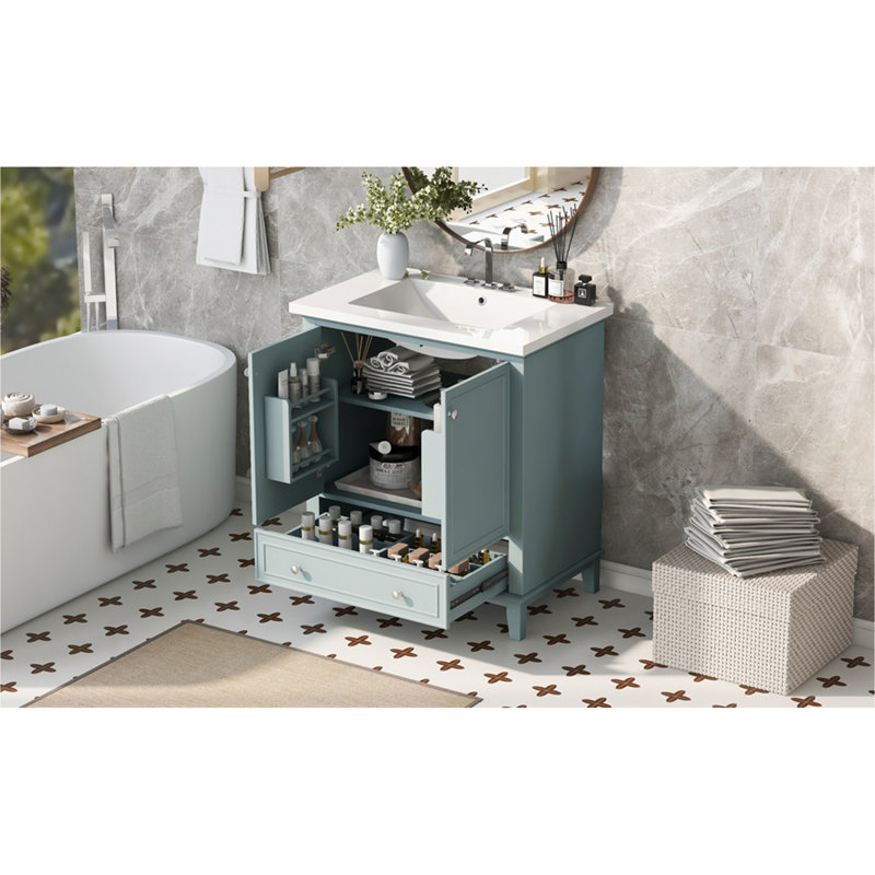 Combo de meuble-lavabo noir 30 po: armoire multifonctionnelle avec portes, tiroir et cadre en panneau de fibres à densité moyenne massif