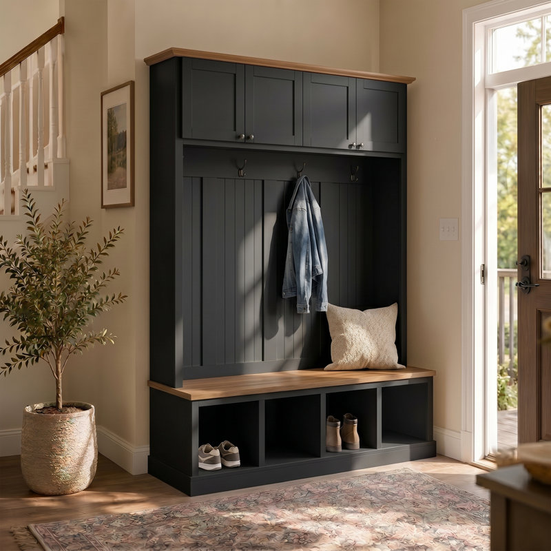 Arbre d'entrée de 59 po de largeur avec banc et 4 armoires de rangement supérieures, portemanteau avec 4 crochets et compartiments à chaussures pour le vestibule et le vestibule