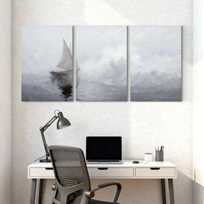 Ensemble de 3 reproductions d'art sur toile Nautical Sailboat On Calm Water Under Cloudy Sky