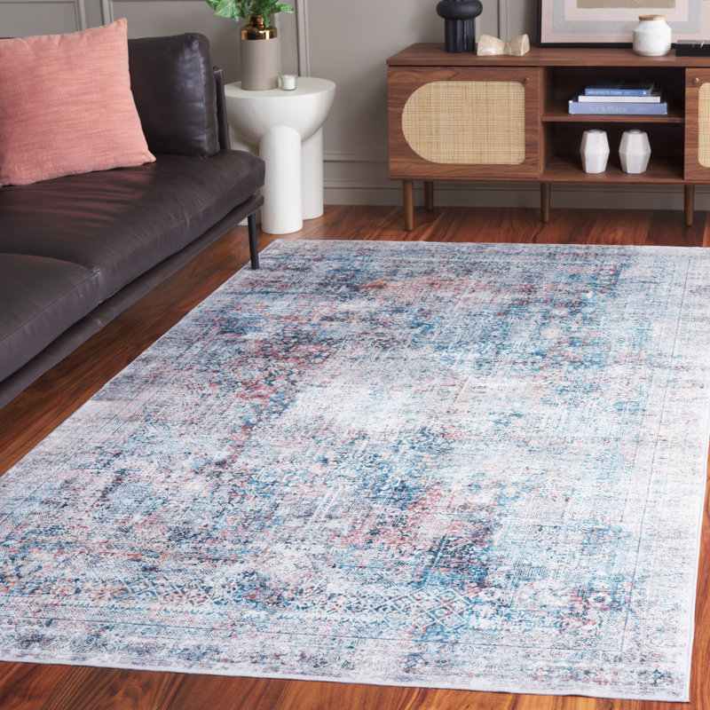 Tapis abstrait en polyester tissé à la machine bleu / gris Sulley, Rectangle de 5 pi x 8 pi