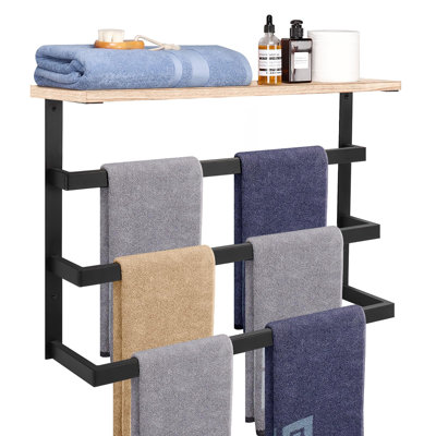 24" Wall Hanging 3-Tier Towel Storage Rack, Heavy-Duty Metal with Wooden Shelf for Bathroom Organization