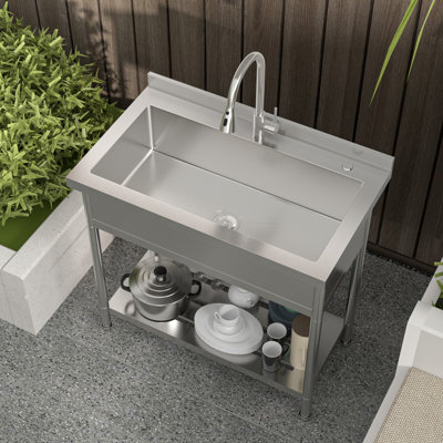 36'' L x 21'' W Stainless Steel Freestanding Commercial Utility Sink, Commercial Grade Single Bowl Kitchen Sink with Pull-Down Faucet and Strainer