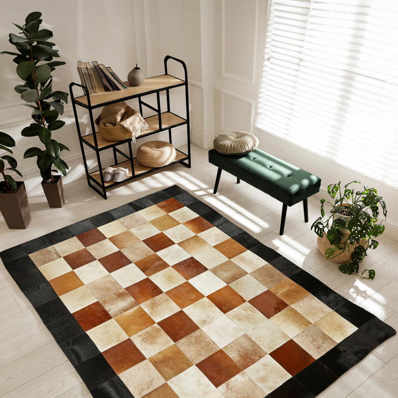 Tapis en cuir de vache à carreaux, tapis de salon moderne, Rectangle 8 pi 9 po x 12 pi
